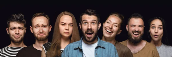 Close up portrait of young people isolated on black studio background — Stock Photo, Image