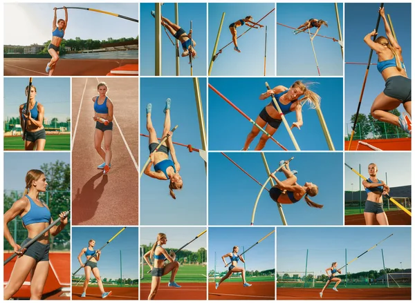 Female high jumper training at the stadium in sunny day