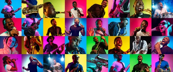 Collage av unga människor i neonljus på mångfärgad bakgrund — Stockfoto