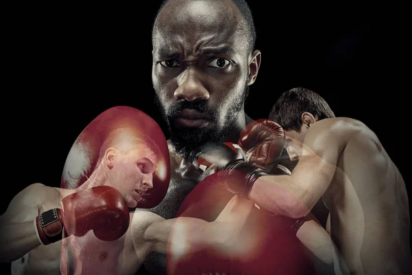 Collage creativo di boxer maschili in forma su sfondo nero — Foto Stock