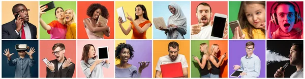 Retrato de pessoas usando diferentes gadgets em fundo multicolorido — Fotografia de Stock