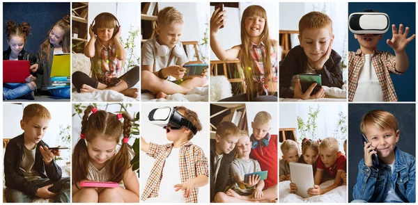 Портрет дітей, які використовують різні гаджети на різнокольоровому фоні — стокове фото
