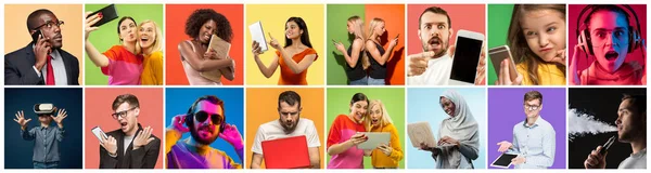 Portrait of people using different gadgets on multicolor background — Stock Photo, Image