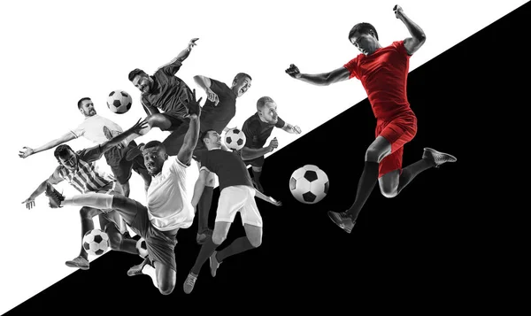 Giocatori di calcio maschili in azione, collage creativo in bianco e nero — Foto Stock