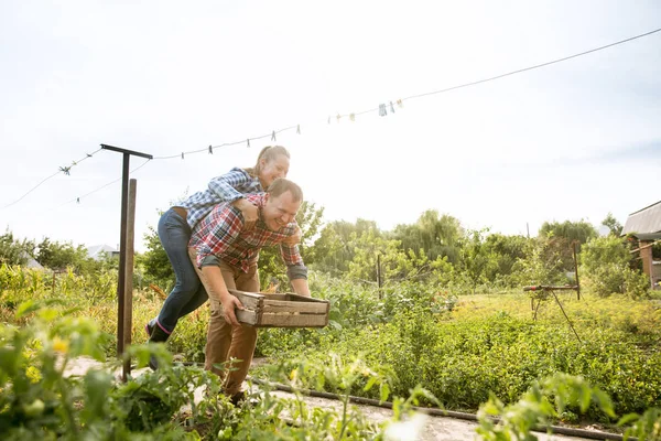 Pasangan petani muda dan bahagia di kebun mereka di hari yang cerah — Stok Foto