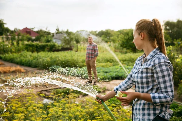 Pasangan petani muda dan bahagia di kebun mereka di hari yang cerah — Stok Foto