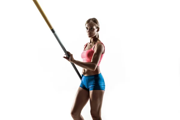 Stabhochspringerin beim Training auf weißem Studiohintergrund — Stockfoto