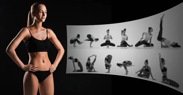 Gespierde jonge vrouw atleet op zwart, creatieve collage — Stockfoto