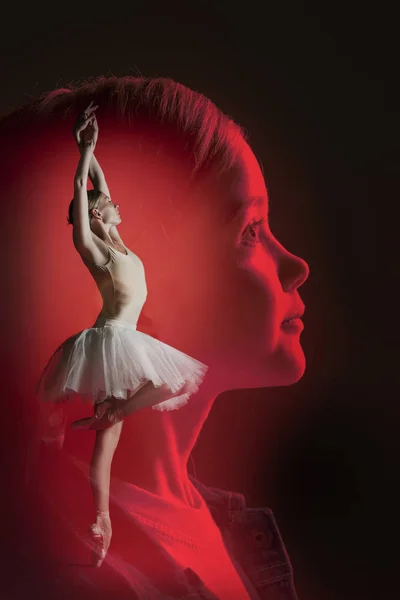 Dreams of little girl to be a ballerina, creative collage — Stock Photo, Image