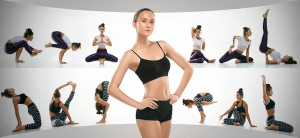 Mujer joven deportiva haciendo práctica de yoga, collage creativo — Foto de Stock