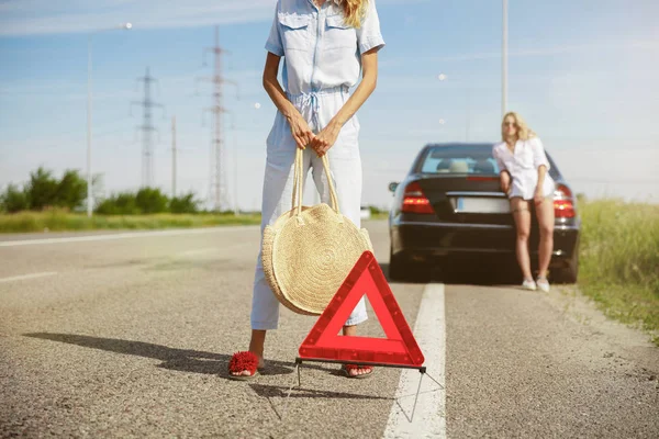 年轻的女同性恋夫妇去度假旅行在阳光明媚的一天的汽车 — 图库照片