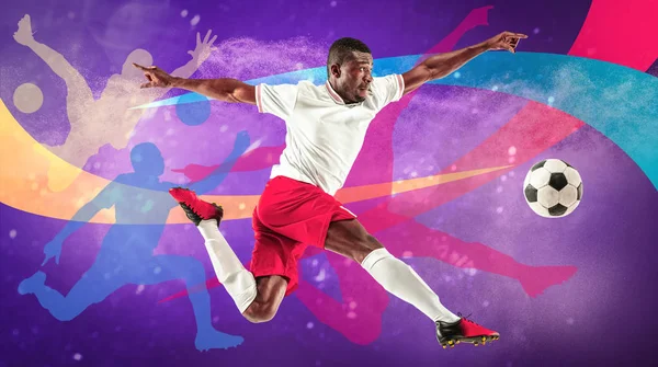 Męski piłkarz w akcji, kreatywny kolorowy kolaż — Zdjęcie stockowe