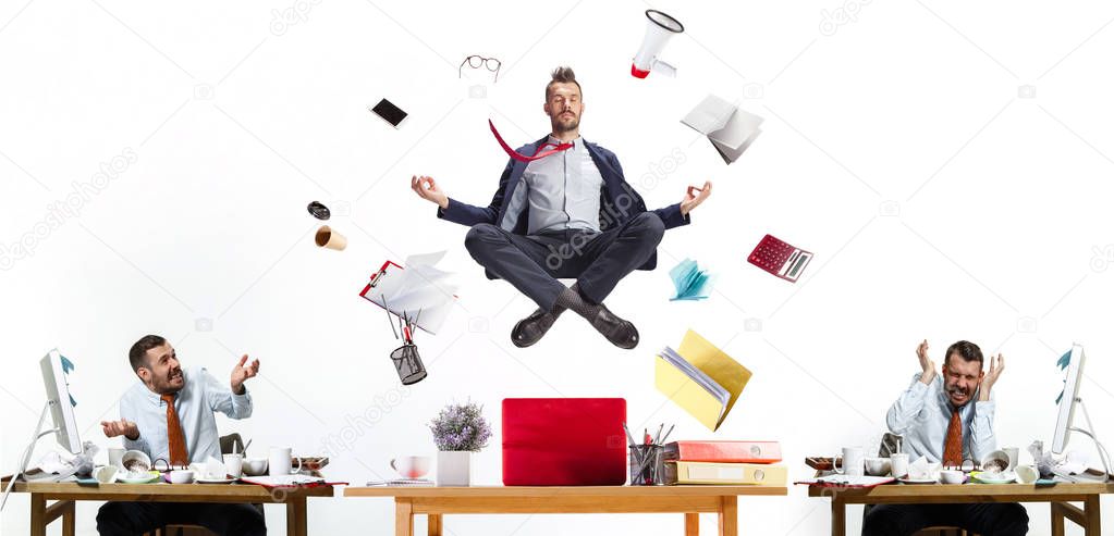 Young office man, creative collage about modern works problems