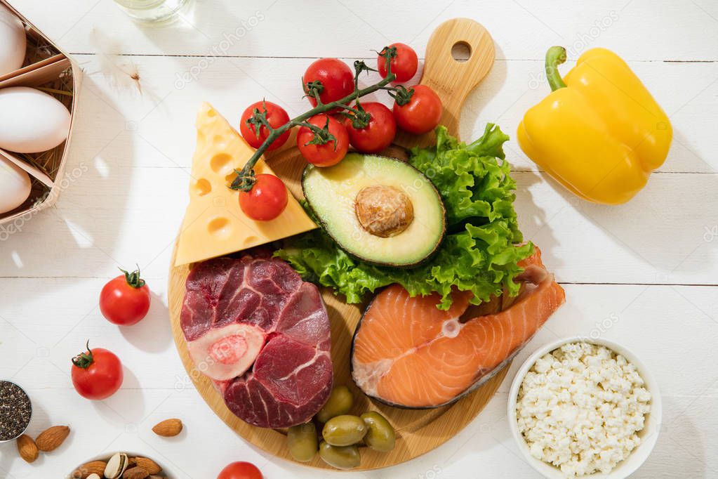 Ketogenic low carbs diet - food selection on white background