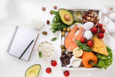 Ketojenik düşük karbonhidrat diyet - beyaz arka plan üzerinde gıda seçimi