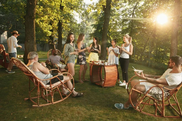 Happy Friends jedzenia i picia piwa na obiad Grill na zachodzie słońca — Zdjęcie stockowe