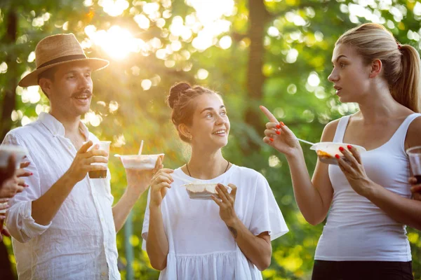 Gün batımında barbekü yemeğinde yemek yiyen mutlu arkadaşlar — Stok fotoğraf