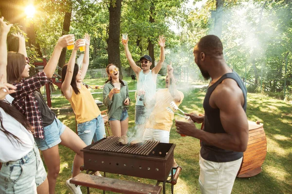 Amigos felices dan una fiesta de cerveza y barbacoa en un día soleado — Foto de Stock