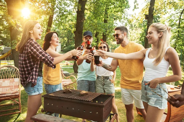 Amigos felizes estão tomando cerveja e churrasco no dia ensolarado — Fotografia de Stock