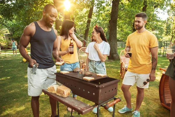 Amigos felices dan una fiesta de cerveza y barbacoa en un día soleado — Foto de Stock