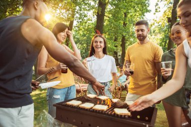 Mutlu arkadaşlar güneşli bir günde bira ve barbekü partisi yapıyoruz