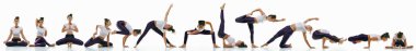 Beyaz arka plan, kolaj yoga uygulaması yapan sportif kadın