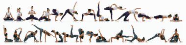 Beyaz arka plan, kolaj yoga uygulaması yapan sportif kadın