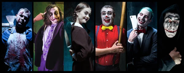 Mystieke personages in nachtelijke creatieve collage. Concept van horror, Halloween tijd. — Stockfoto