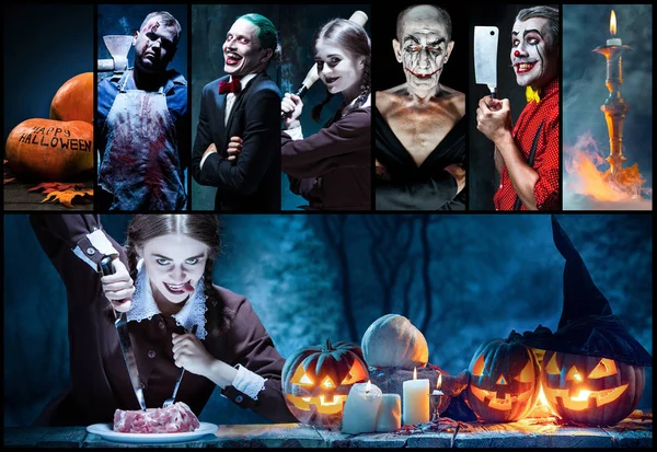 Mystieke personages in nachtelijke creatieve collage. Concept van horror, Halloween tijd. — Stockfoto