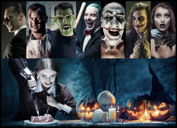 Mystical characters in nightly creative collage. Concept of horror, Halloween time. — Stock Photo, Image