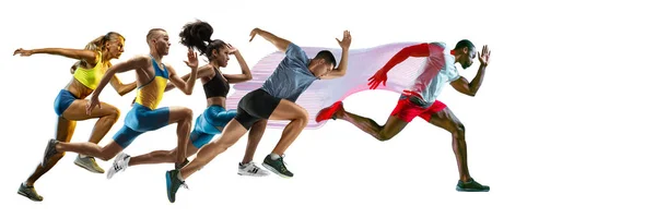 Creative collage of runners or joggers on white background — Stock Photo, Image