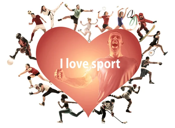 Creatieve collage van kinderen en volwassenen, ik hou van sport — Stockfoto