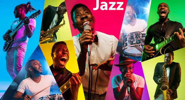 Jóvenes músicos de jazz afroamericanos en collage creativo — Foto de Stock