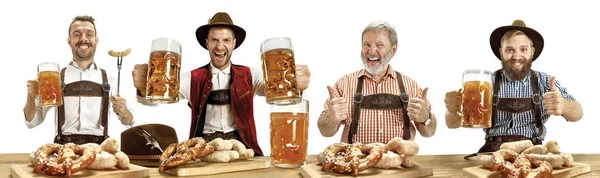 Collage of men with beer dressed in traditional Austrian or Bavarian costumes — Stock Photo, Image