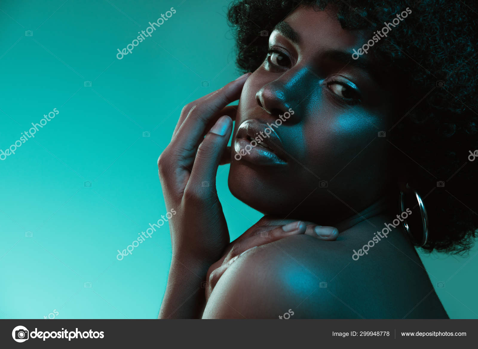 Portrait of female high fashion model in neon light Stock Photo by ...