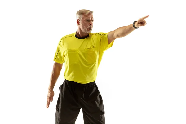 Football referee gives directions with gestures to players isolated on white background — Stock Photo, Image