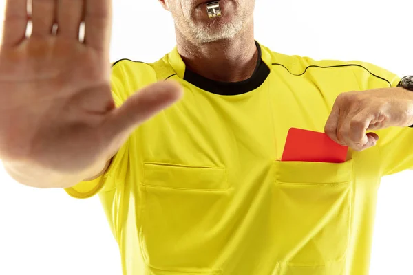 Football referee showing a red card to a displeased player isolated on white background — Stock Photo, Image