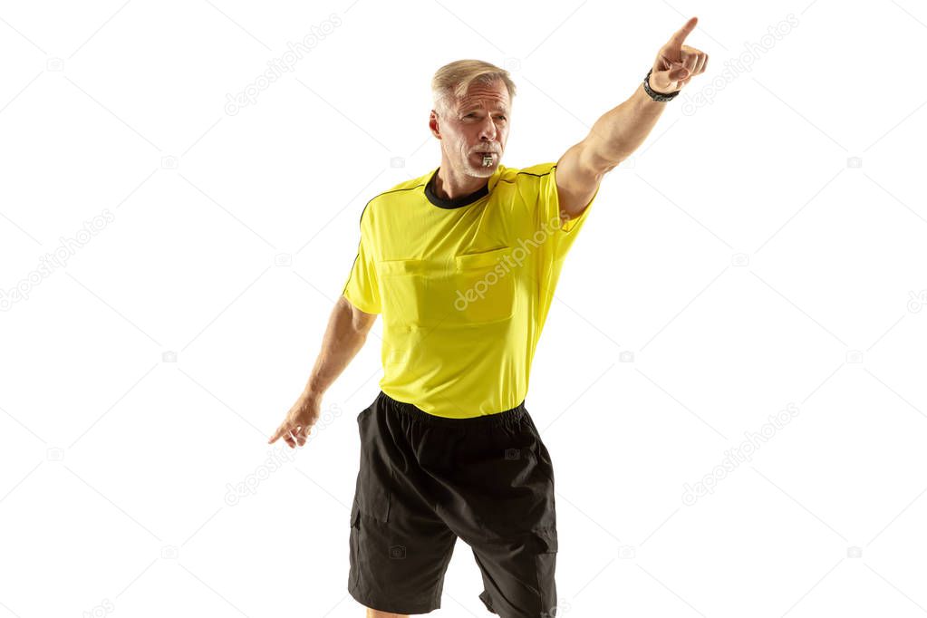 Football referee gives directions with gestures to players isolated on white background