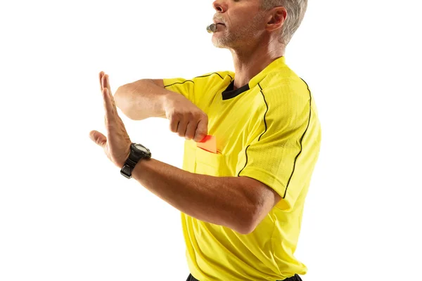 Football referee showing a red card to a displeased player isolated on white background — Stock Photo, Image