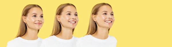 Kaukasische junge Frauen halblanges Porträt auf gelbem Hintergrund — Stockfoto