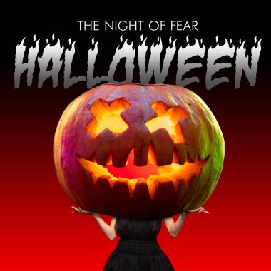 Korkunç degrade siyah kırmızı arka plan üzerinde bir cadı olarak genç kadın