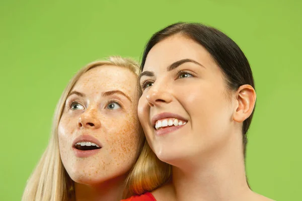 Portrait of pretty girls isolated on green studio background — Stock Photo, Image