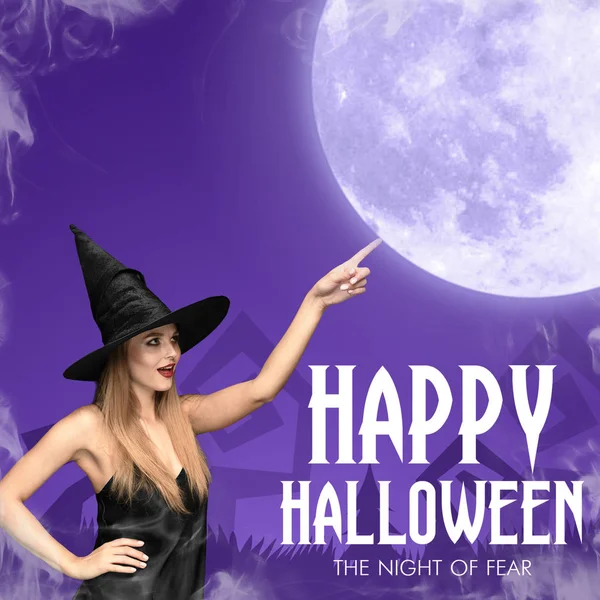 Young woman in hat as a witch on purple background — Stock Photo, Image