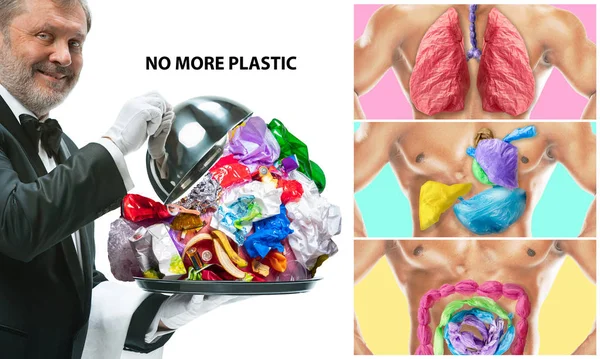 Nós somos o que comemos - conceito de poluição ambiental de plástico — Fotografia de Stock