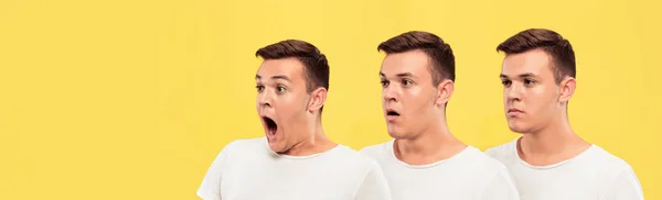 Caucasian young mans close up portrait on yellow background — Stock Photo, Image