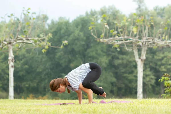 Jeune belle femme faisant de l'exercice de yoga dans un parc vert. Style de vie sain et concept de fitness . — Photo