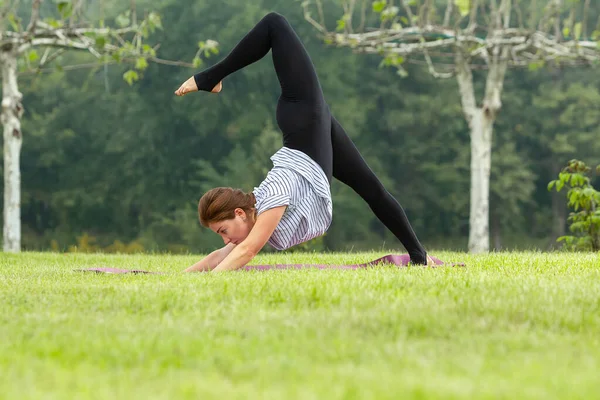 Jeune belle femme faisant de l'exercice de yoga dans un parc vert. Style de vie sain et concept de fitness . — Photo