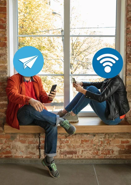 Creative millenial people connecting and sharing social media. Modern UI icons as heads