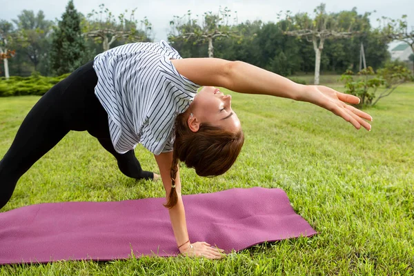 Giovane bella donna che fa esercizio di yoga nel parco verde. Stile di vita sano e concetto di fitness . — Foto Stock