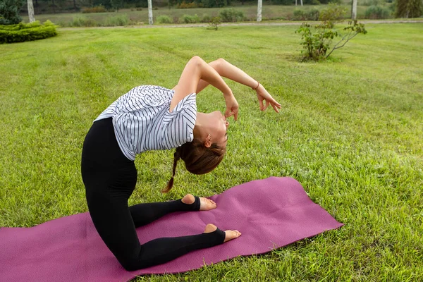 Giovane bella donna che fa esercizio di yoga nel parco verde. Stile di vita sano e concetto di fitness . — Foto Stock